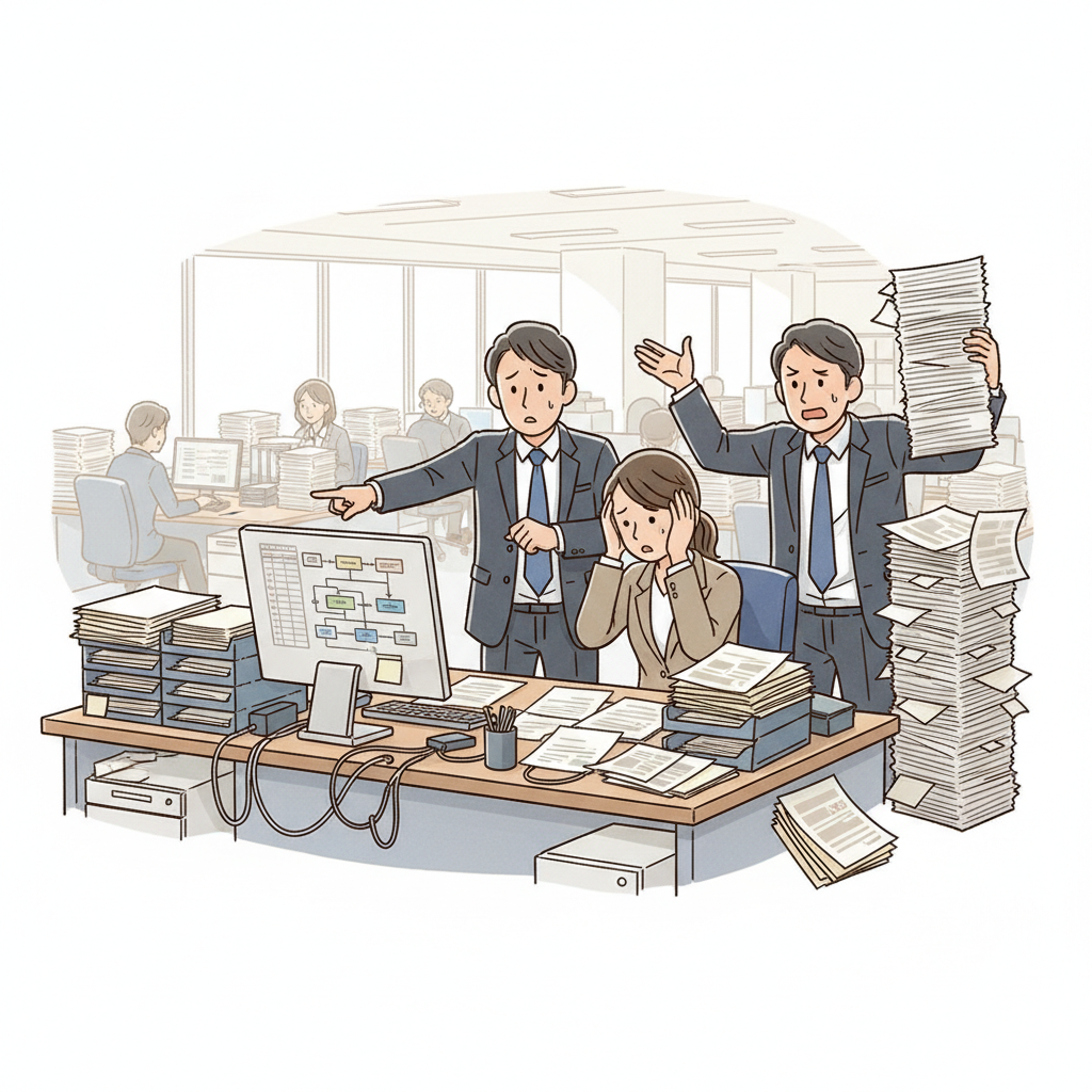山積みの書類と格闘する従業員のイラスト