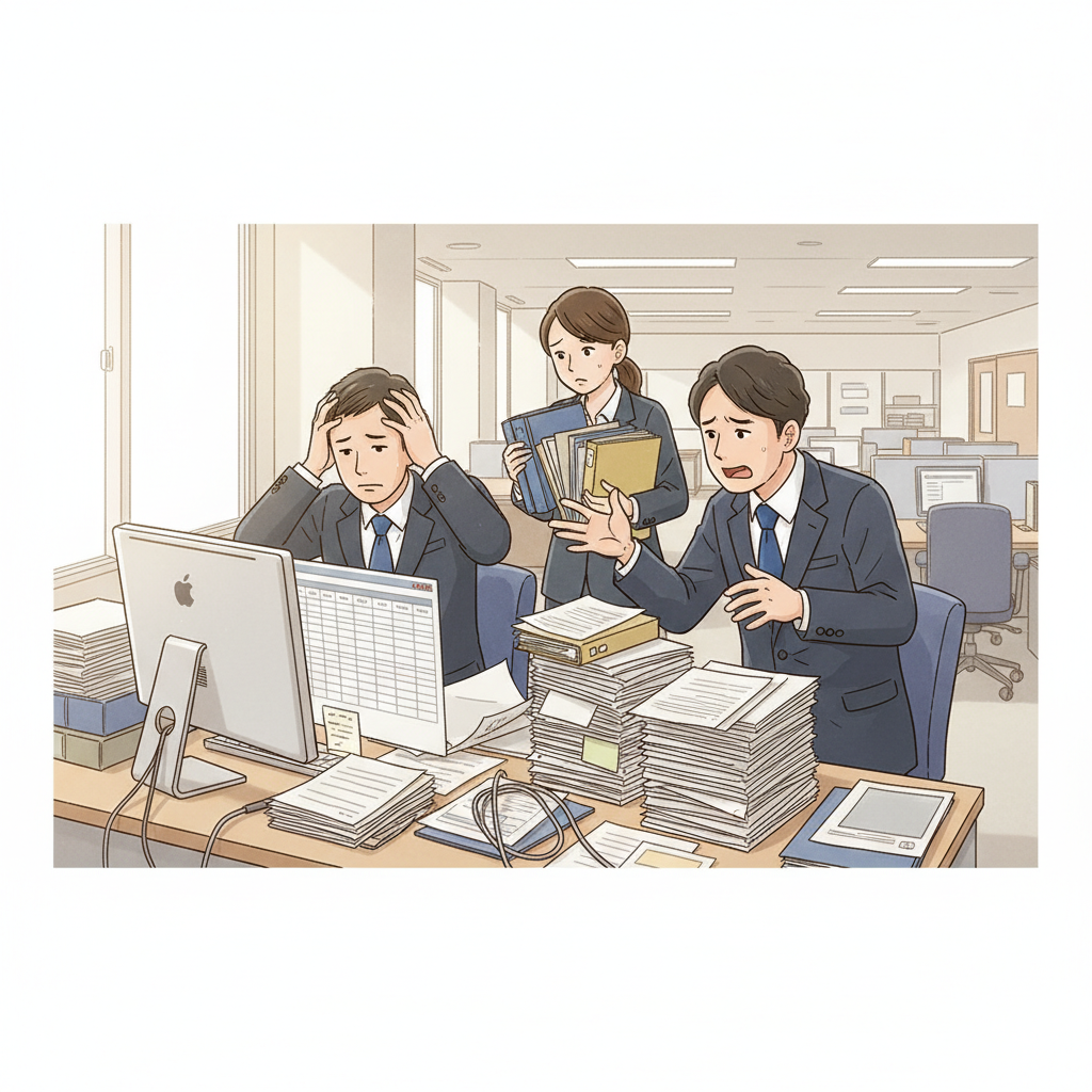 山積みの請求書の前で頭を抱える経理担当者のイラスト