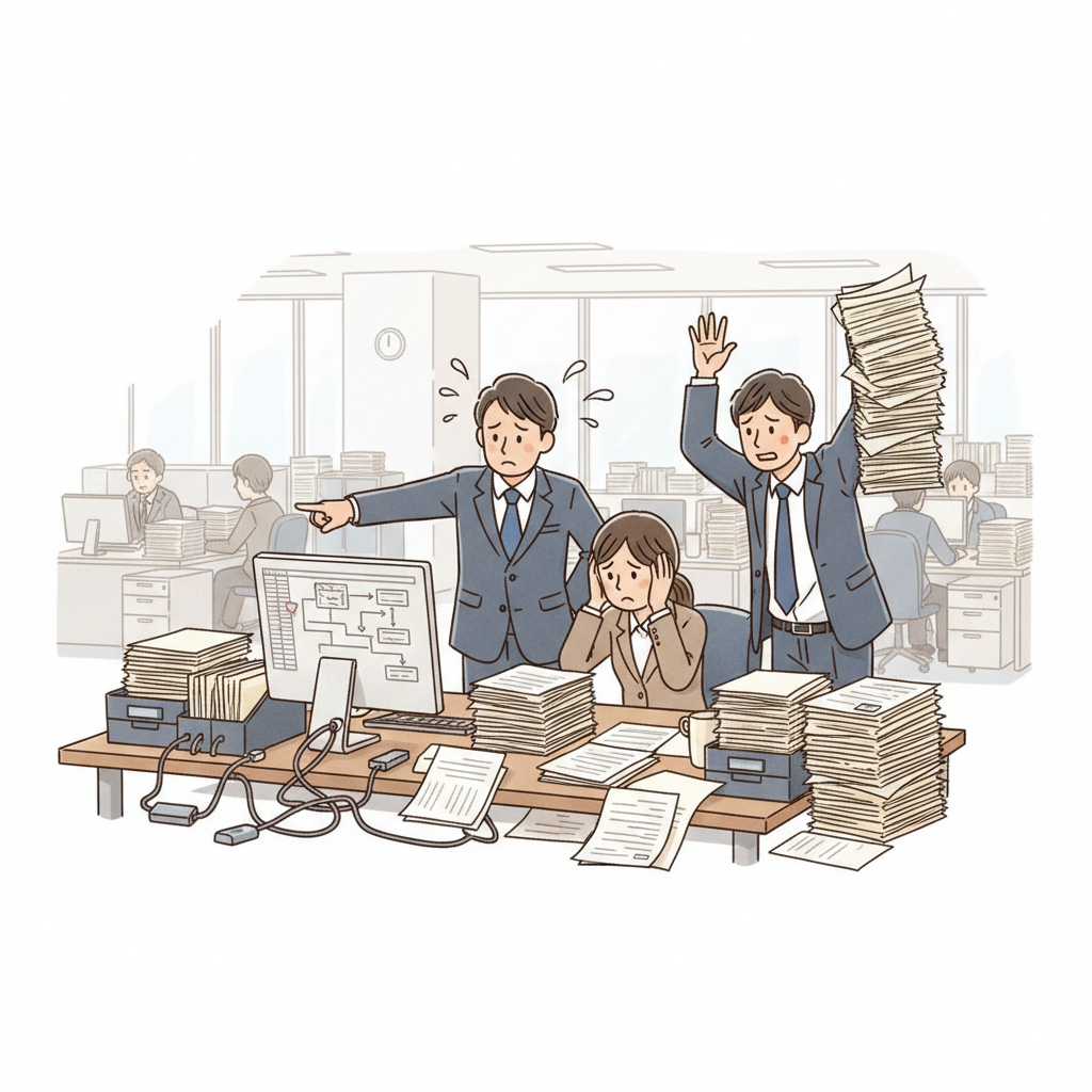 山積みの請求書の前で頭を抱える担当者のイラスト