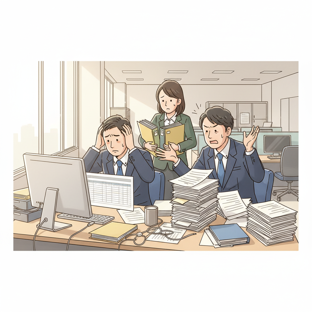 山積みの請求書を前に頭を抱える経理担当者のイラスト