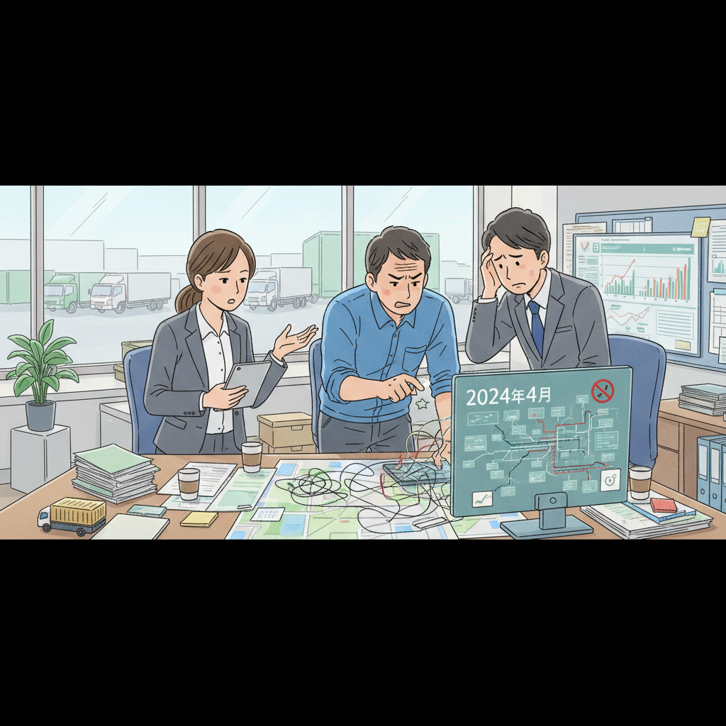 トラックヤードで頭を抱える配車担当者のイラスト