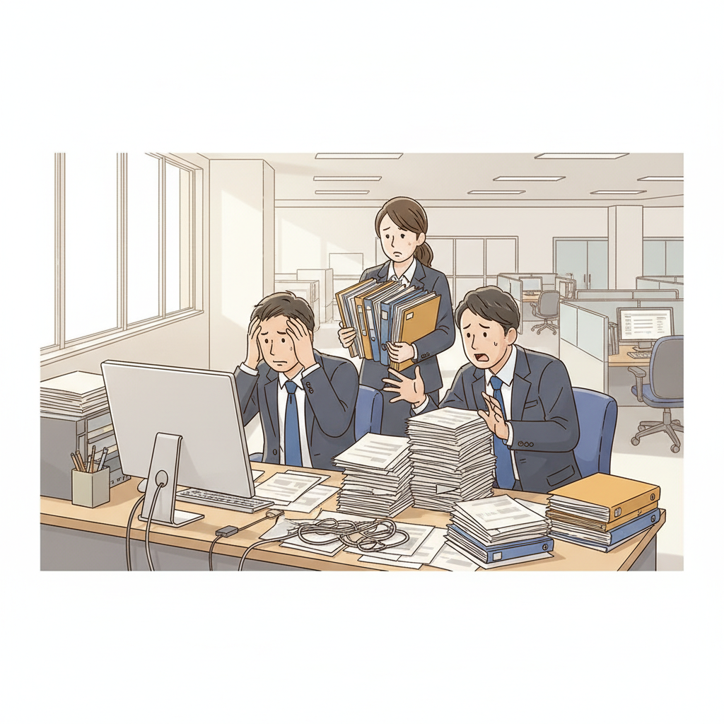 山積みの請求書の前で頭を抱える経理担当者のイラスト