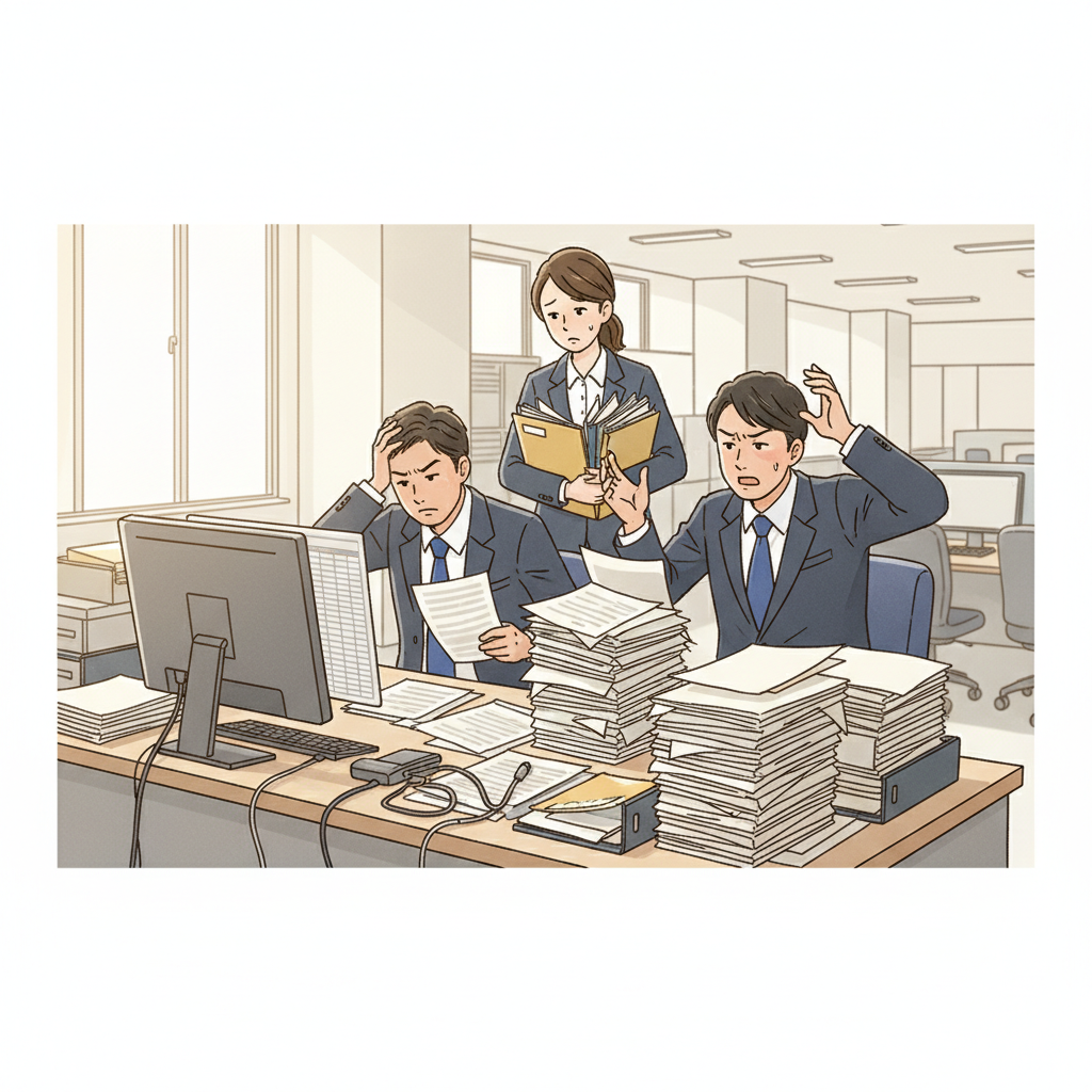 山積みの請求書を前に頭を抱える経理担当者のイラスト