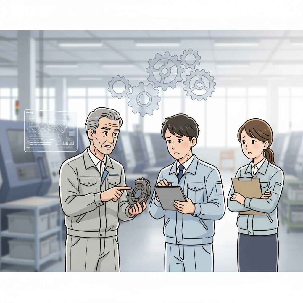 熟練技術者の引退と若手への技術継承に悩む製造現場のイラスト