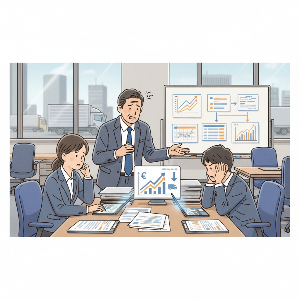配車計画に悩む運輸業の担当者のイラスト