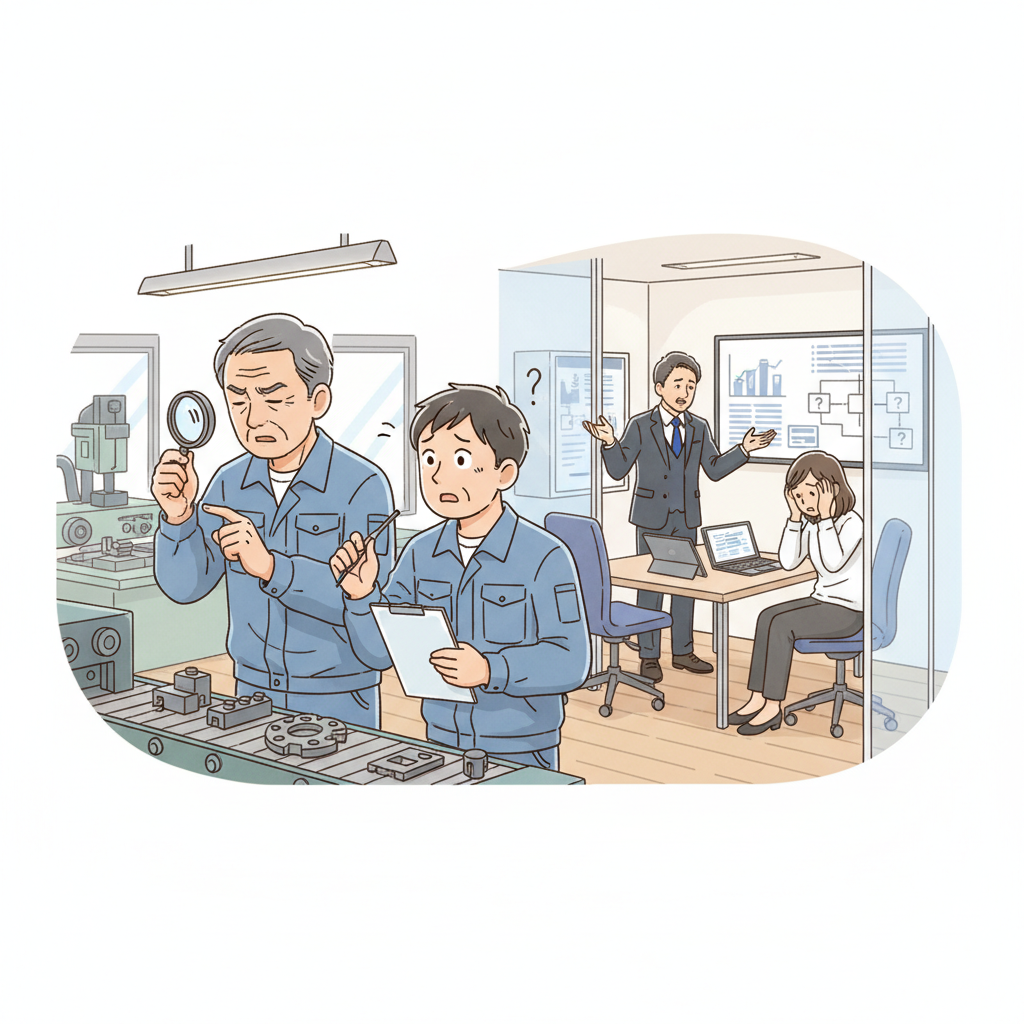 熟練技能者の技術継承に悩む製造現場のイラスト