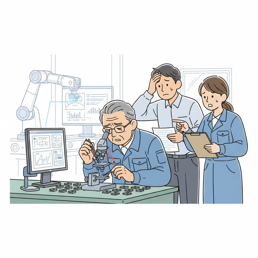 顕微鏡を覗き込み、製品の検査を行う作業員のイラスト